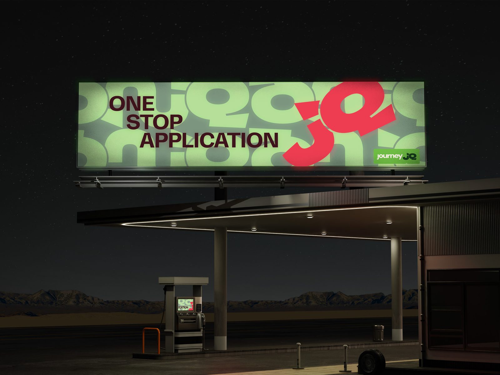 JourneyIQ billboard above a forecourt at night
