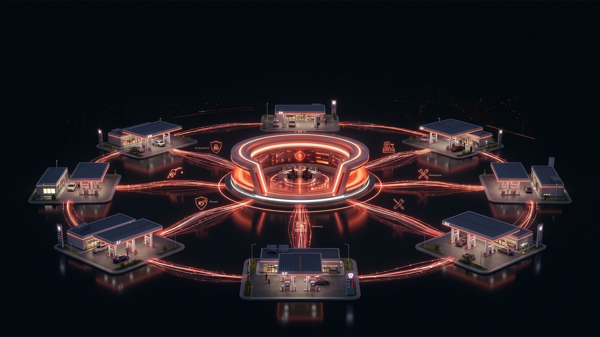 Isometric view of eight forecourts linked by glowing coral data lines to a central JourneyIQ control room