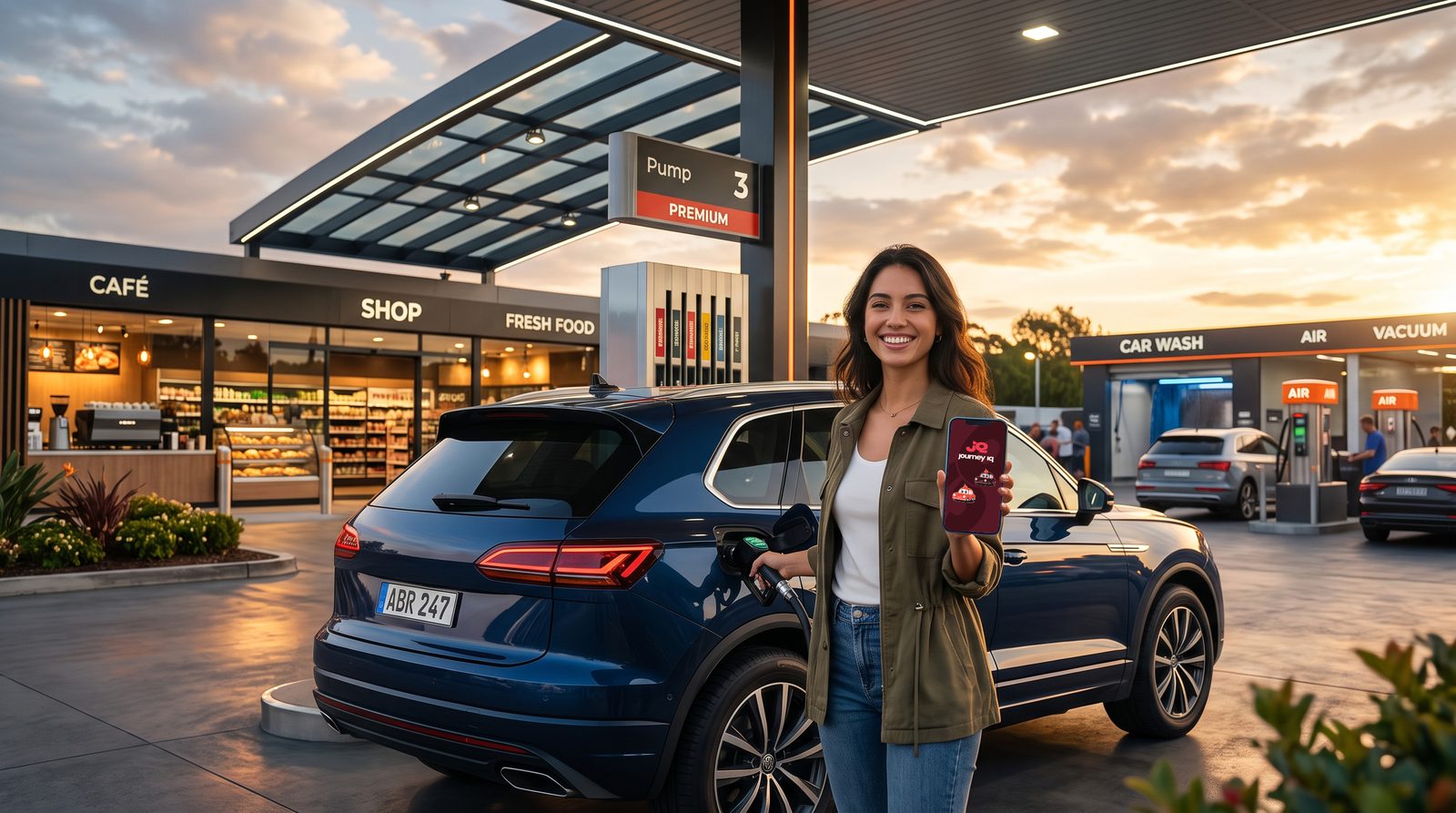 A driver at Pump 3 holding up the JourneyIQ app beside her car