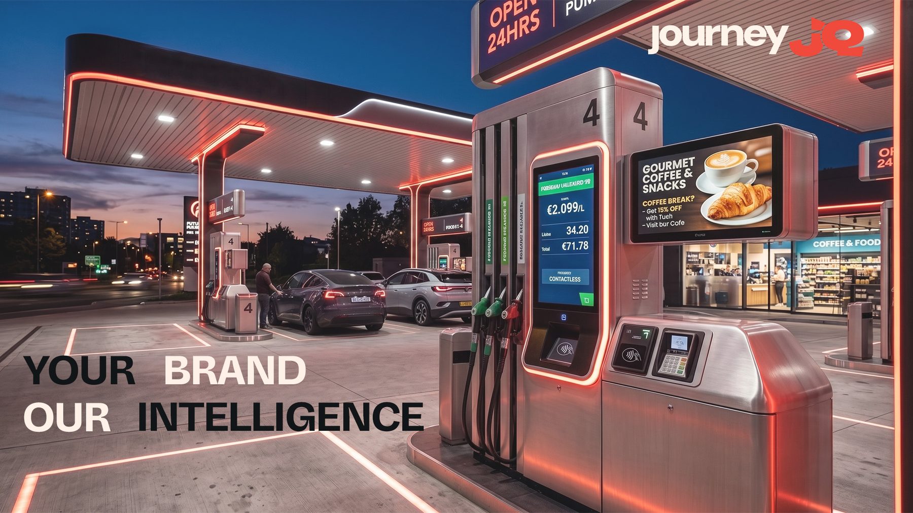 A JourneyIQ-powered forecourt under a branded canopy at dusk