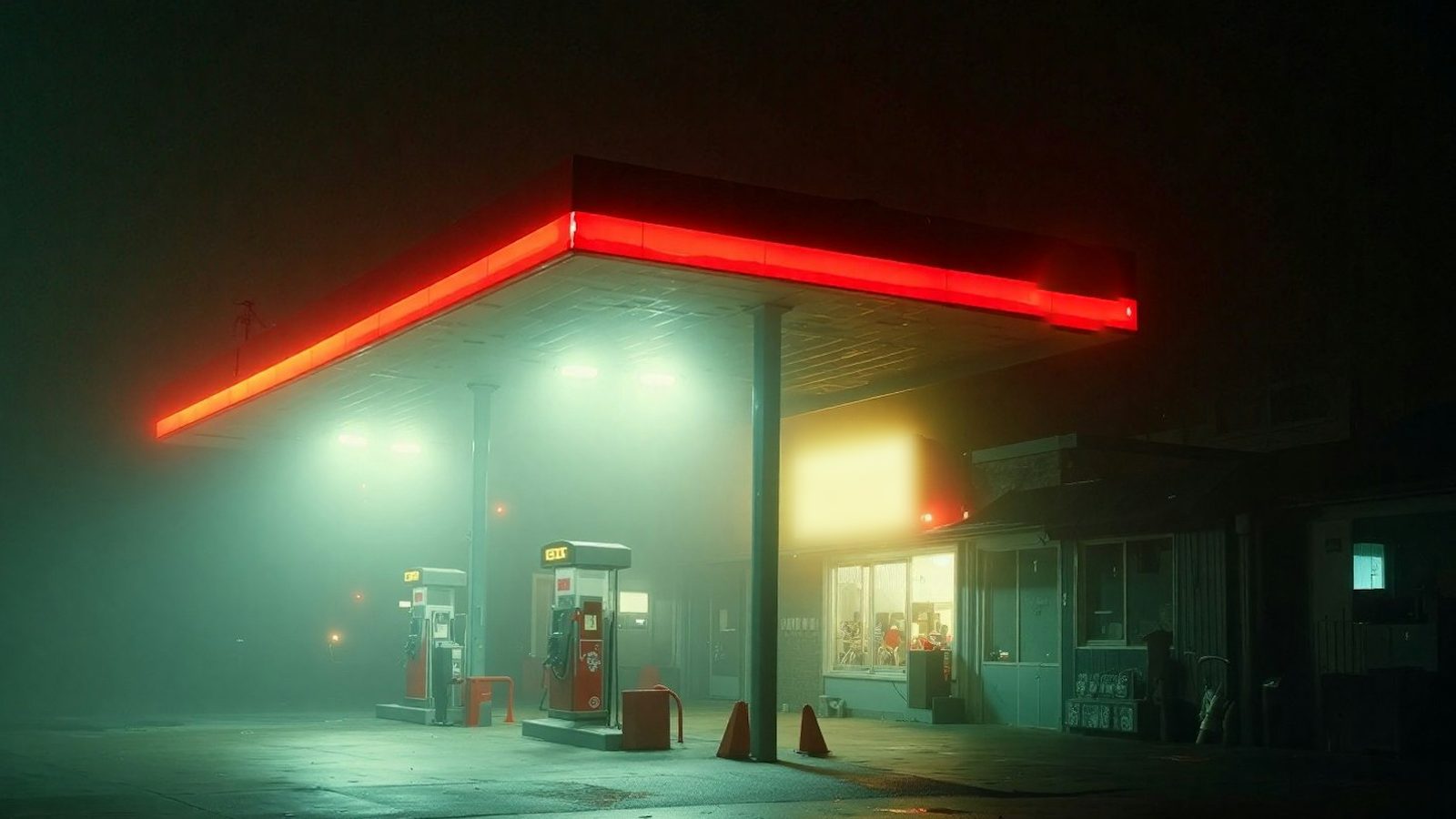 A forecourt canopy glowing coral-red through night fog