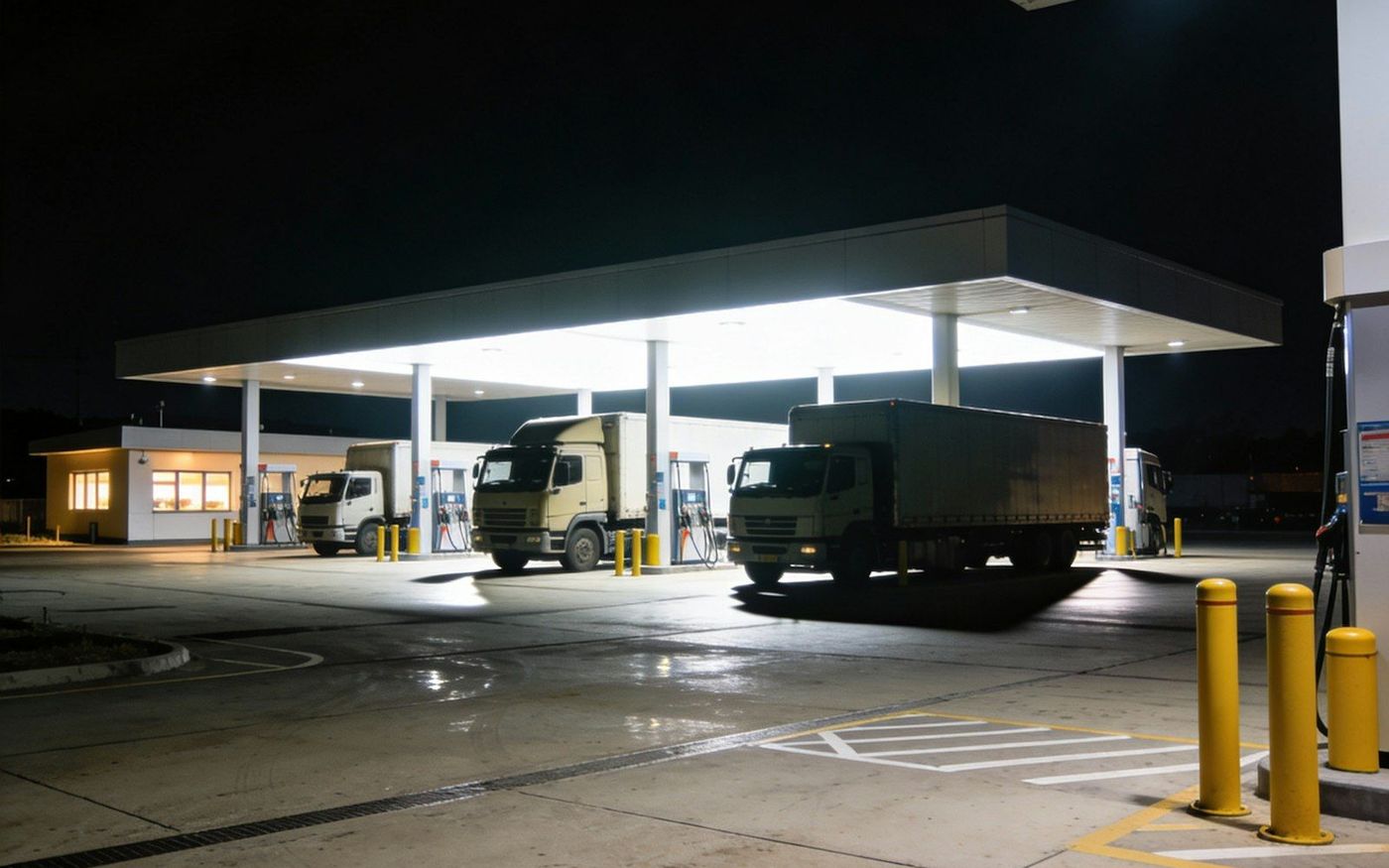 Delivery trucks refuelling at a lit forecourt at night