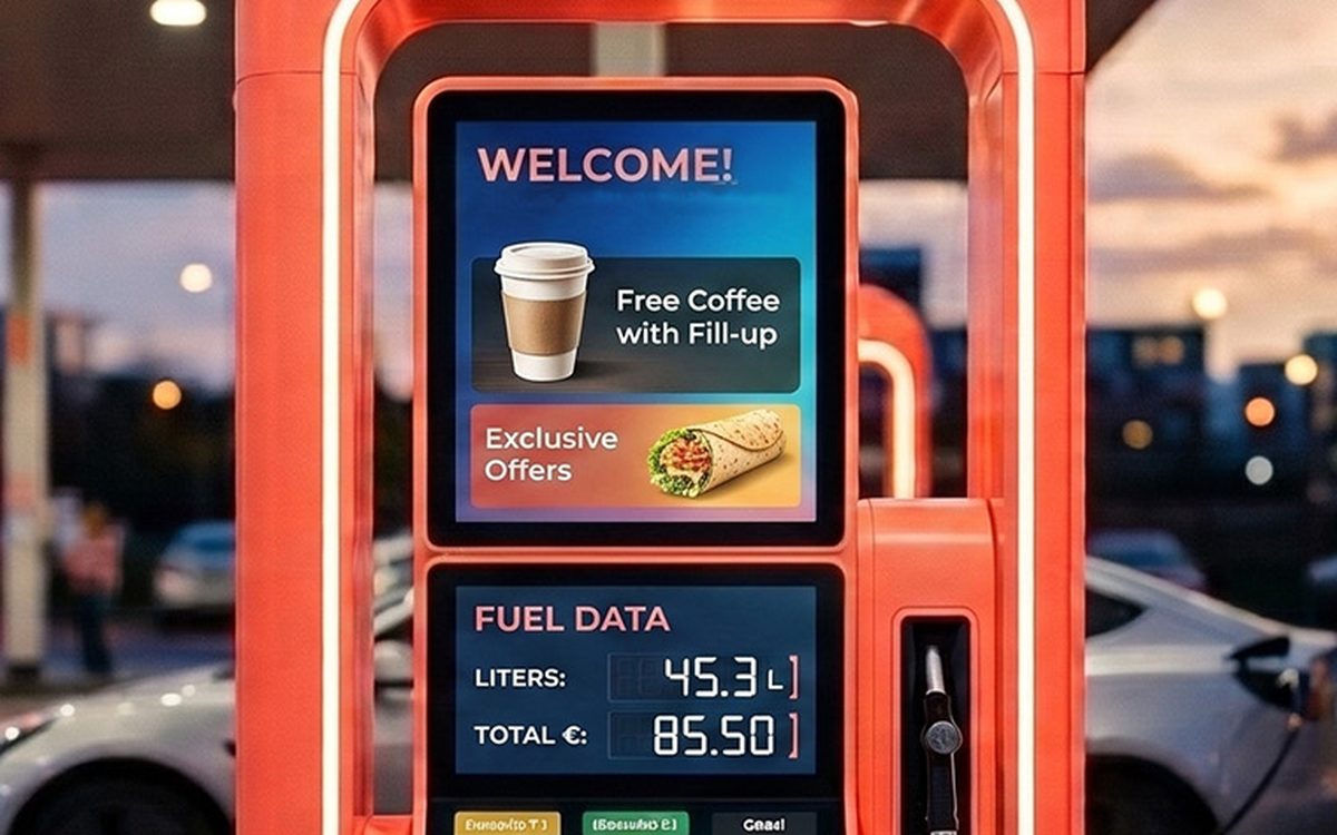 A JourneyIQ pump screen offering a free coffee with fill-up above the live fuel data