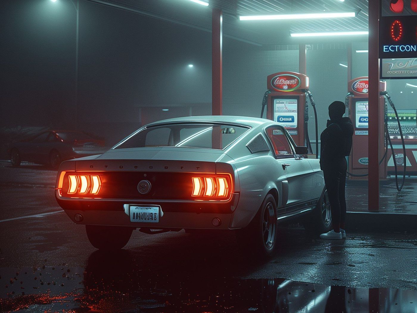 A car pulling up to a pump at night, taillights glowing on the wet forecourt